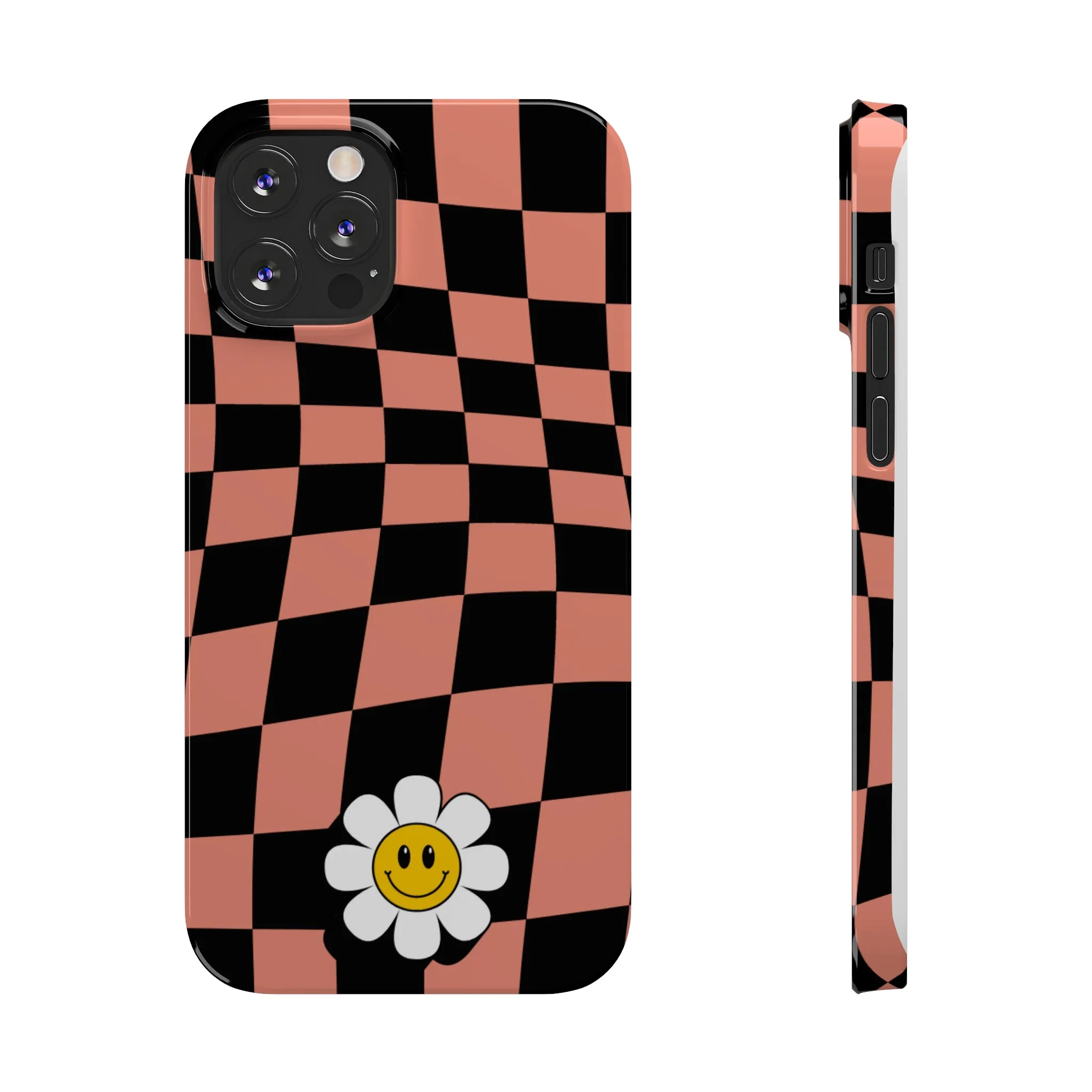 Pink and Black Checked Background with Happy Daisy iPhone Slim Phone Case