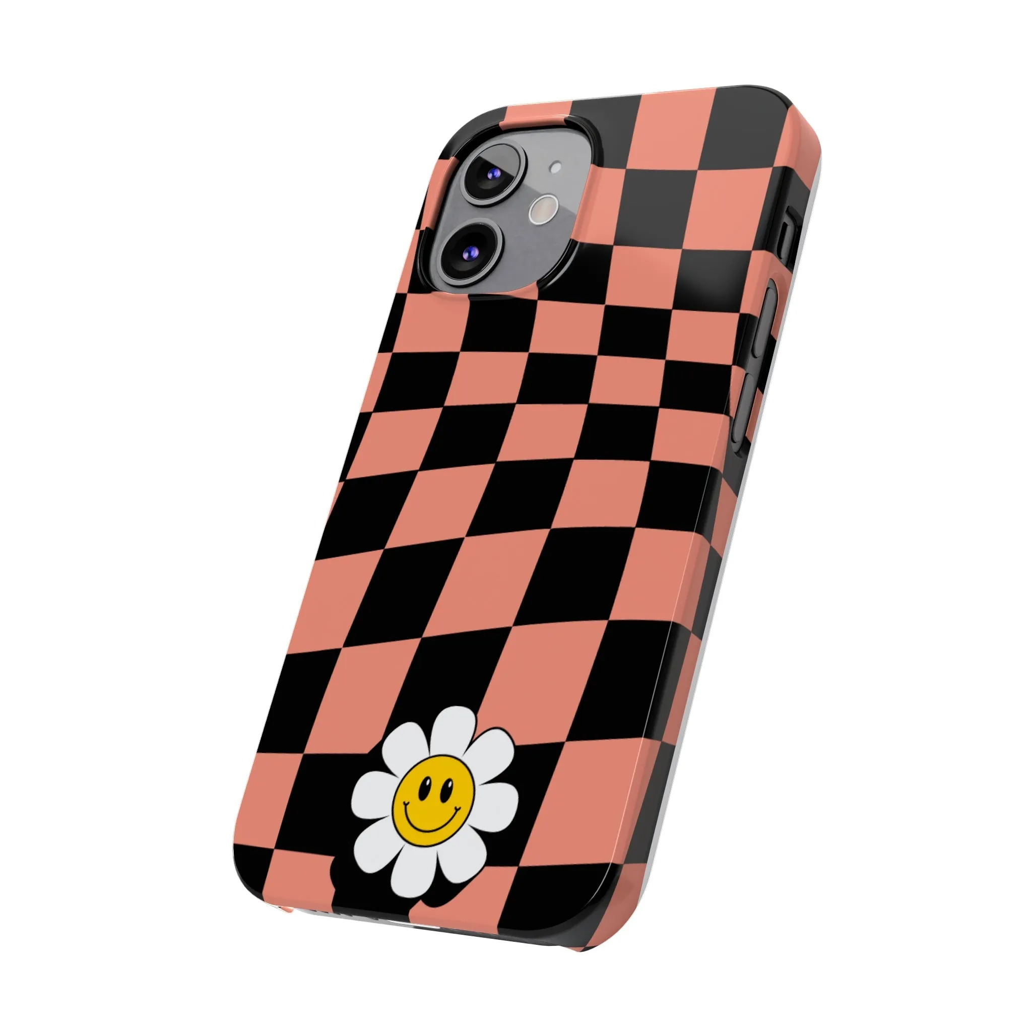 Pink and Black Checked Background with Happy Daisy iPhone Slim Phone Case