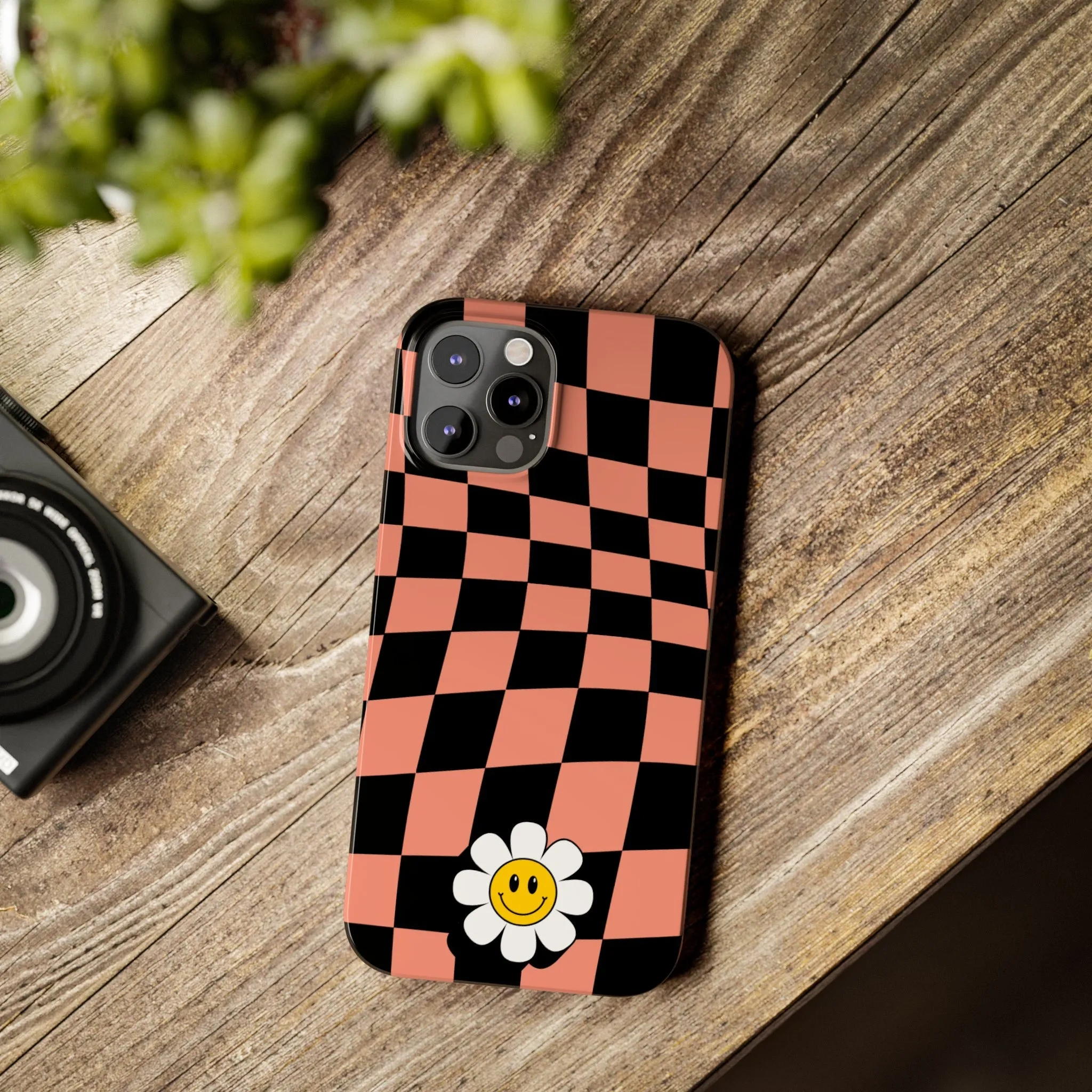 Pink and Black Checked Background with Happy Daisy iPhone Slim Phone Case