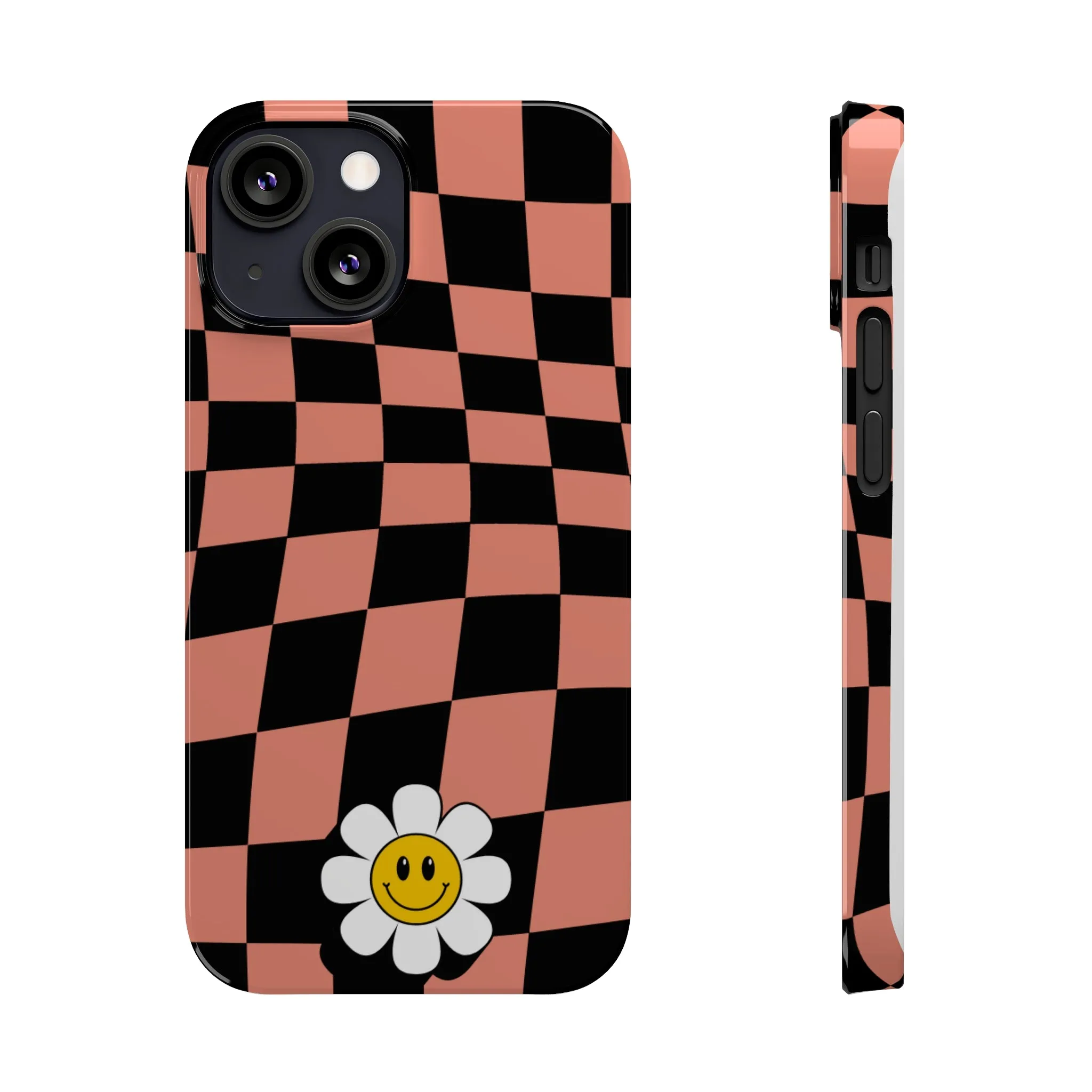 Pink and Black Checked Background with Happy Daisy iPhone Slim Phone Case