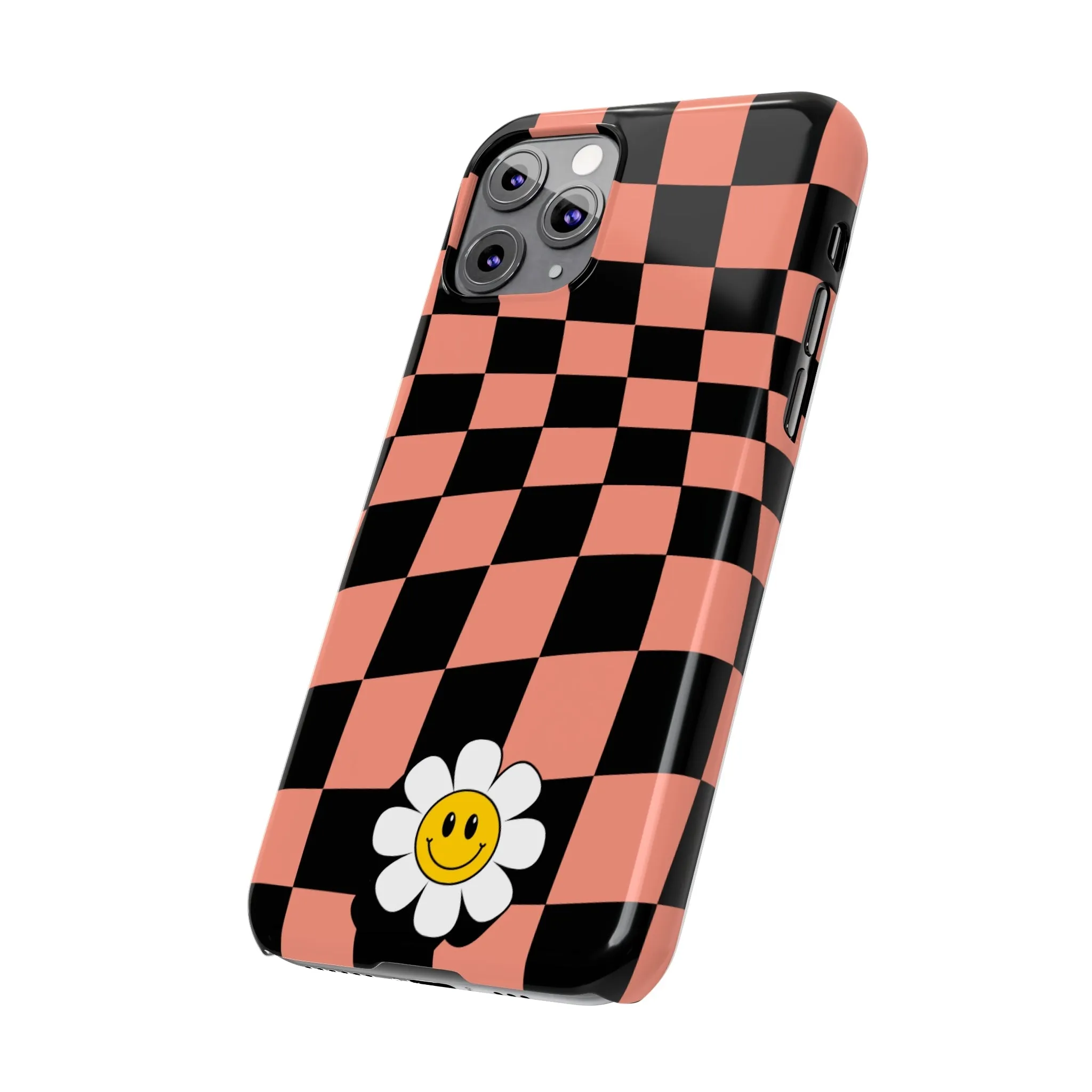 Pink and Black Checked Background with Happy Daisy iPhone Slim Phone Case