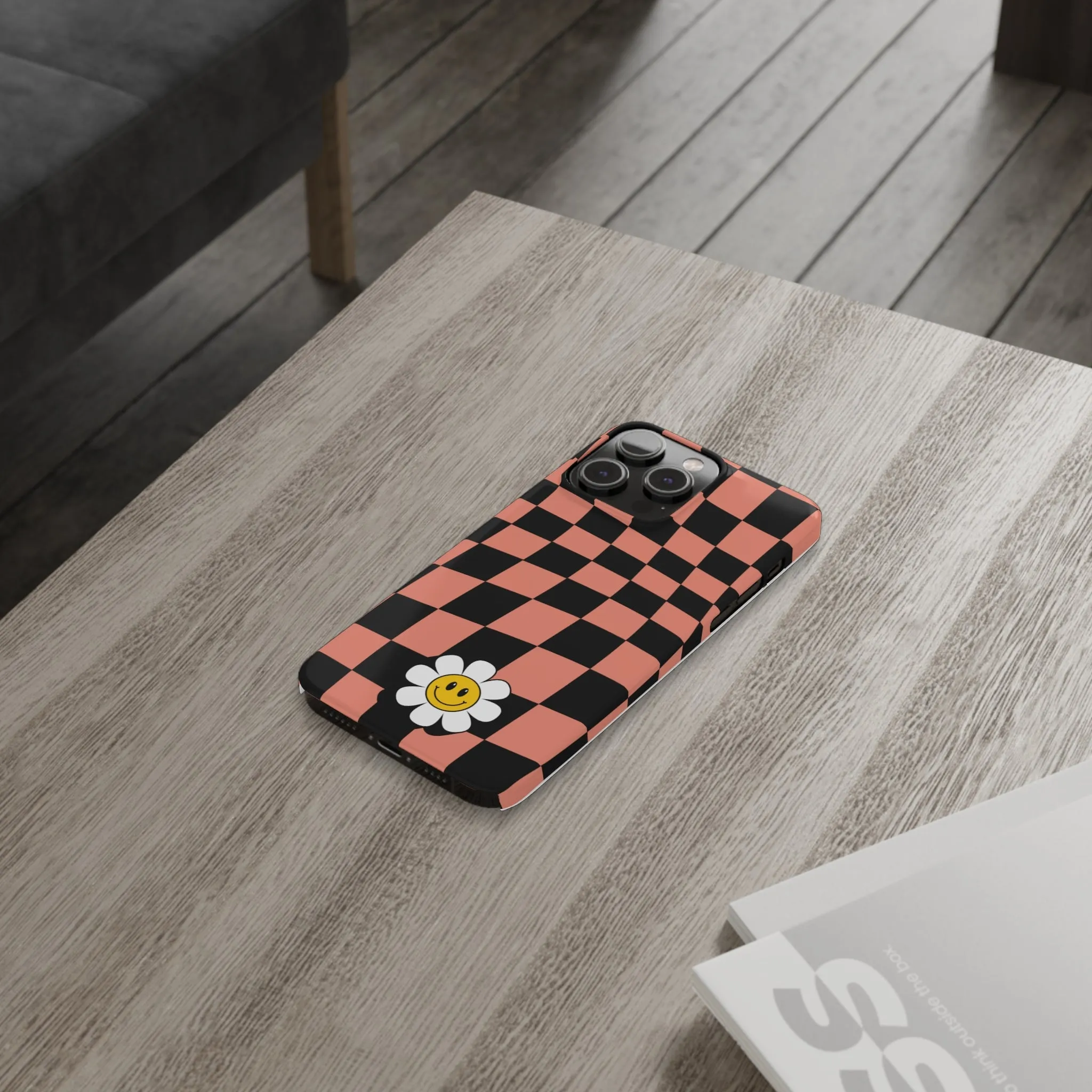 Pink and Black Checked Background with Happy Daisy iPhone Slim Phone Case