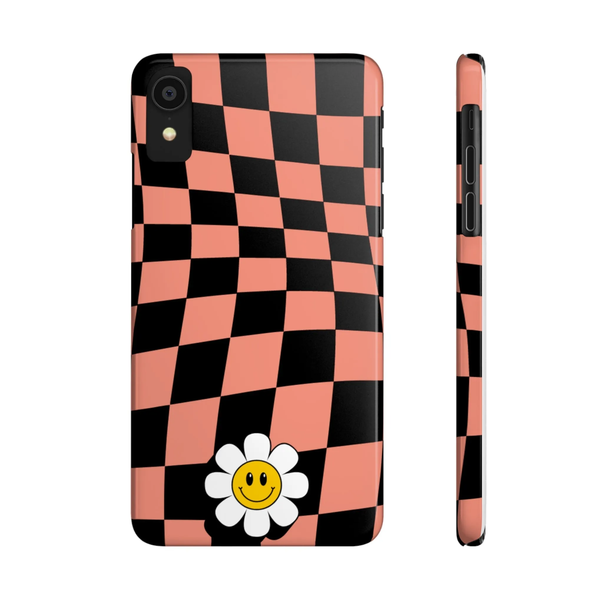 Pink and Black Checked Background with Happy Daisy iPhone Slim Phone Case