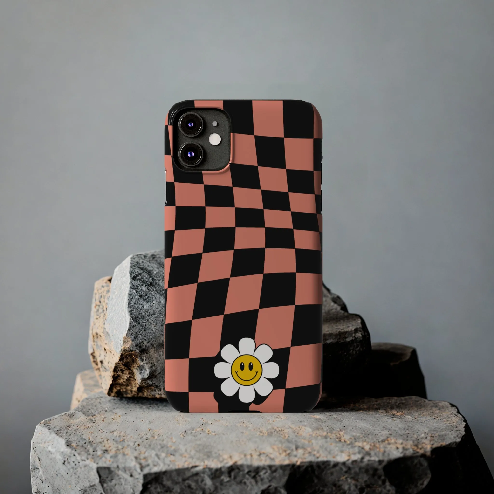 Pink and Black Checked Background with Happy Daisy iPhone Slim Phone Case