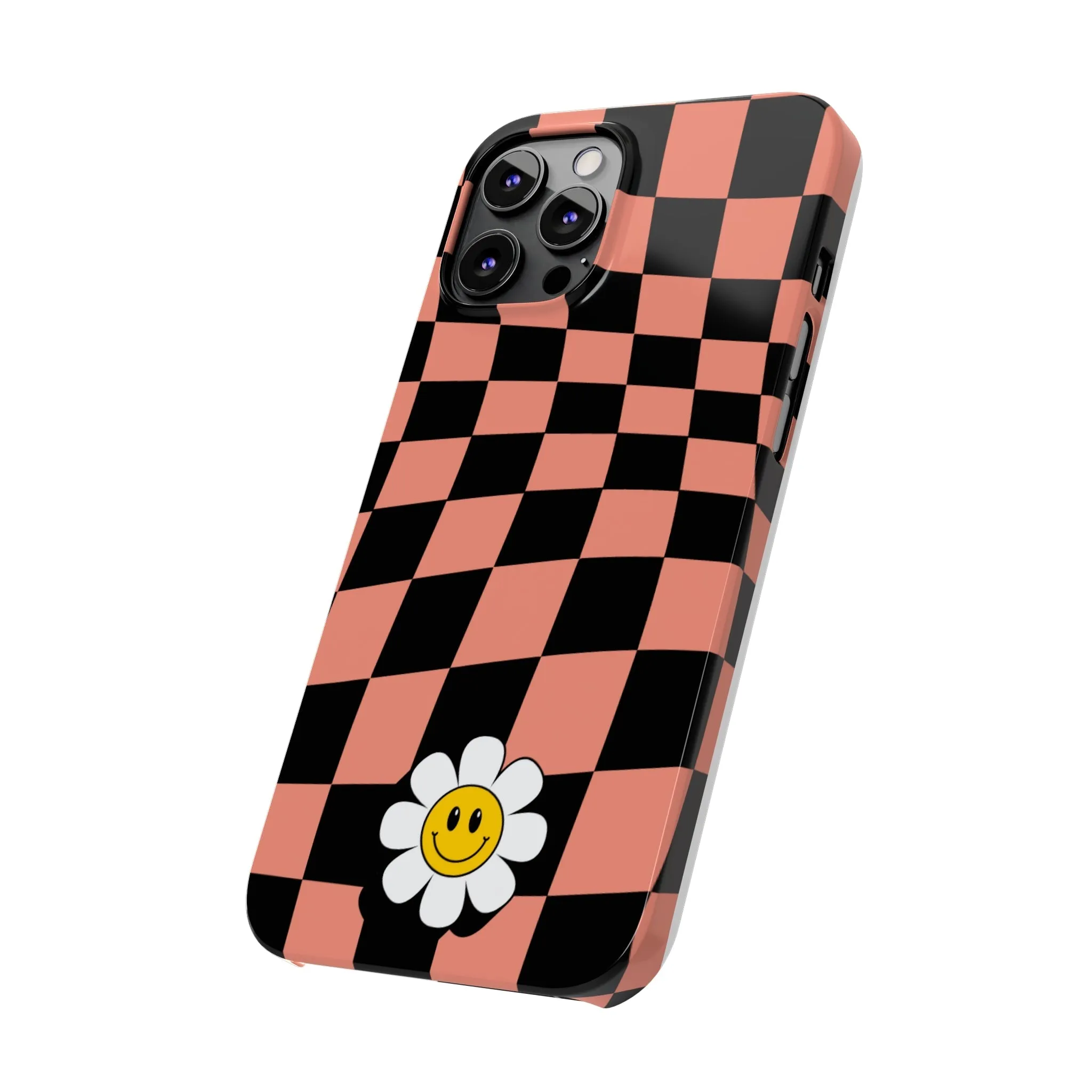 Pink and Black Checked Background with Happy Daisy iPhone Slim Phone Case