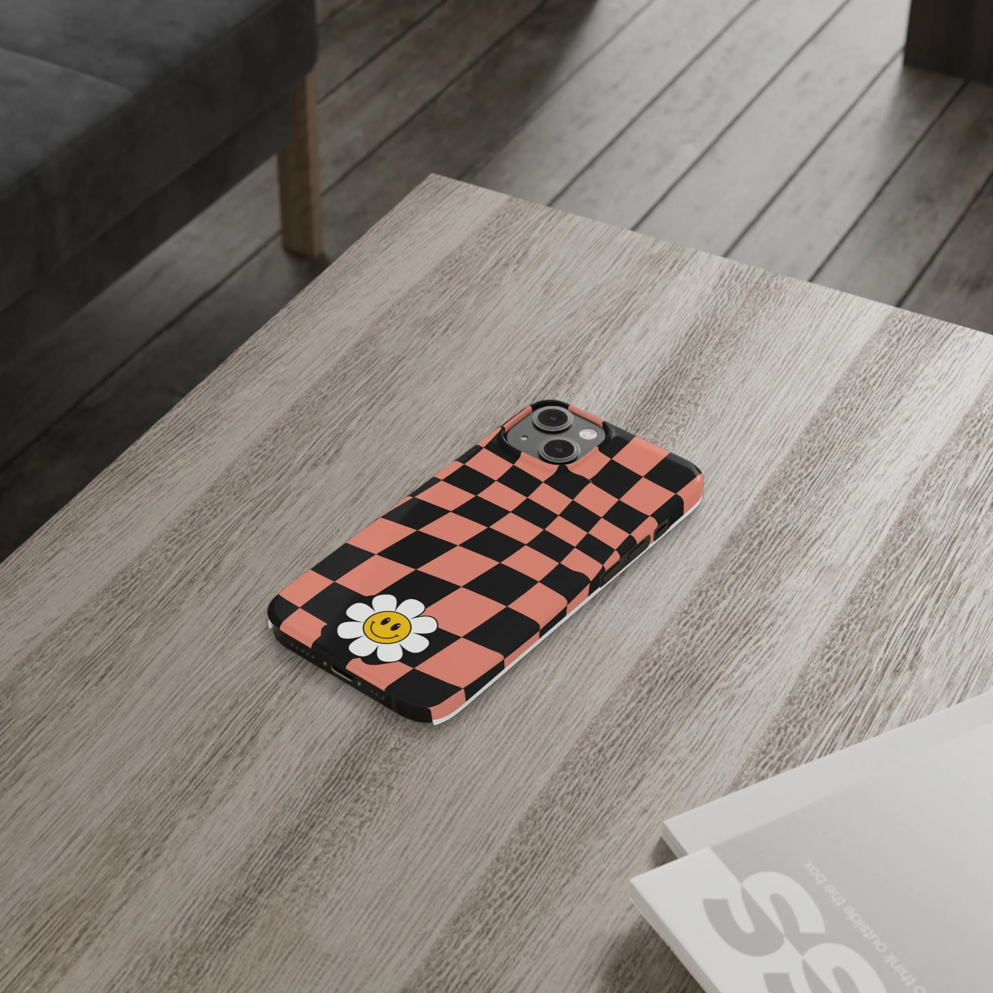 Pink and Black Checked Background with Happy Daisy iPhone Slim Phone Case