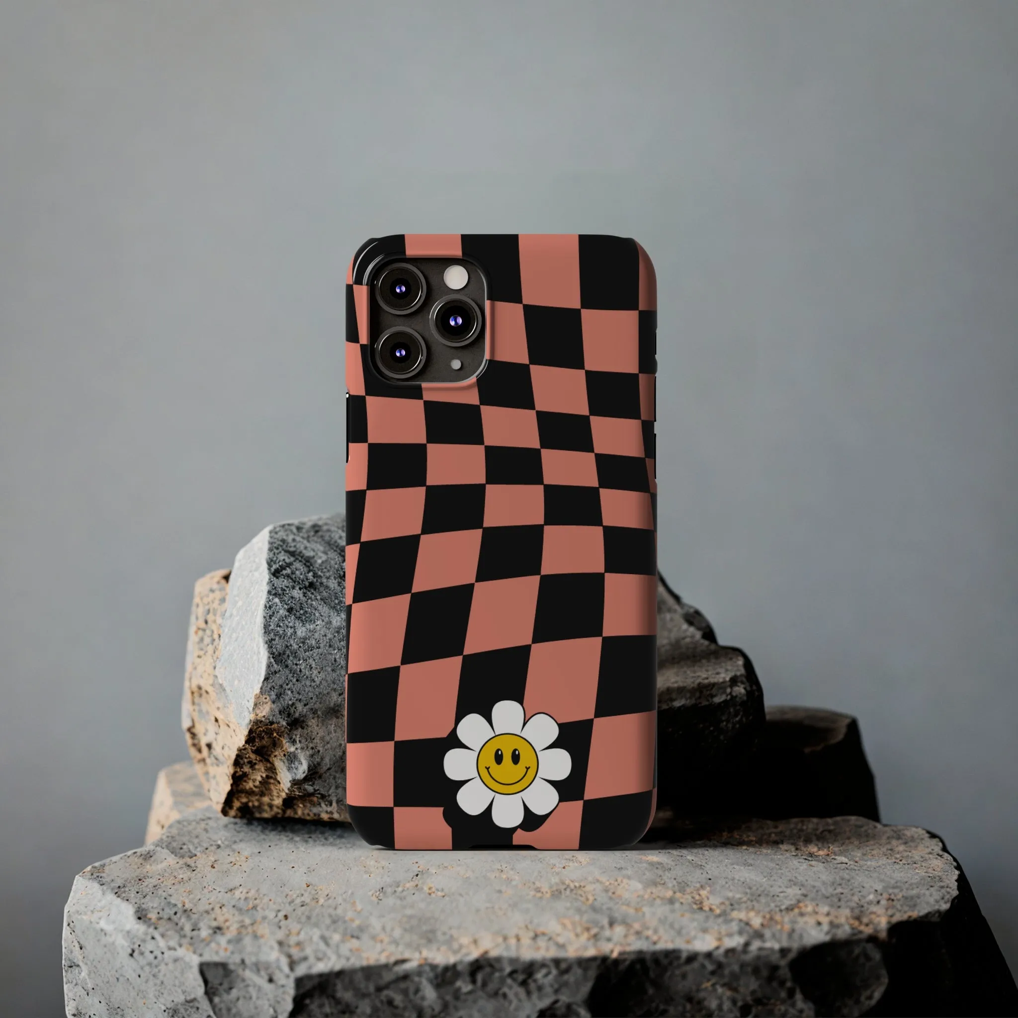 Pink and Black Checked Background with Happy Daisy iPhone Slim Phone Case