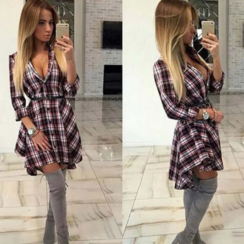 Plaid Long Sleeve Casual Dresses