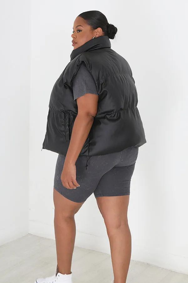 PLUS SIZE BLACK MATTE FAUX LEATHER PADDED GILET