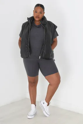 PLUS SIZE BLACK MATTE FAUX LEATHER PADDED GILET