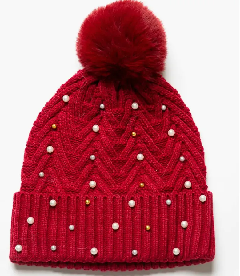 Raegan Bead & Pearl Beanie-Red-50% OFF