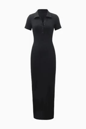 Ribbed Short Sleeve Button Down Slit Maxi Dress