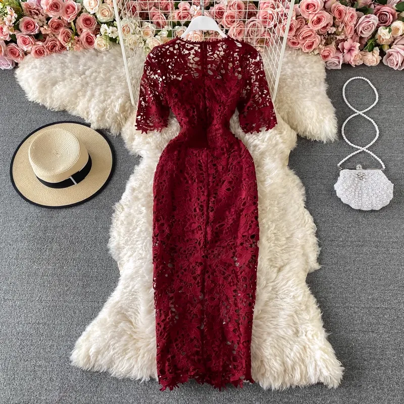 Sheath Evening Dress Hollow Lace Long Prom Dress 1760