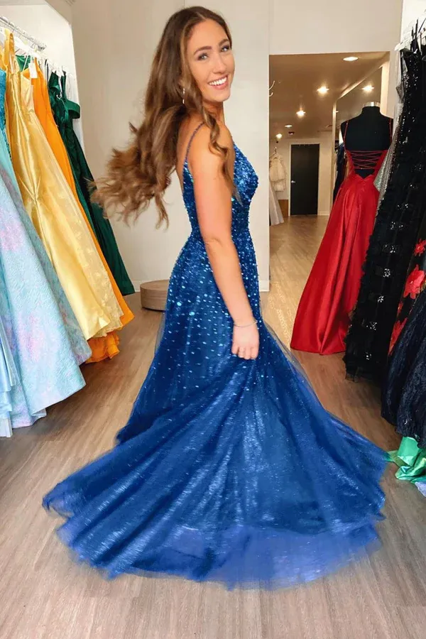 Shiny Blue Tulle Formal Prom Dresses With Sequins