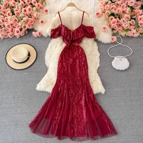 Spaghetti Strap Sequined Prom Dress Ruffled  Mermaid Evening Gown 1794