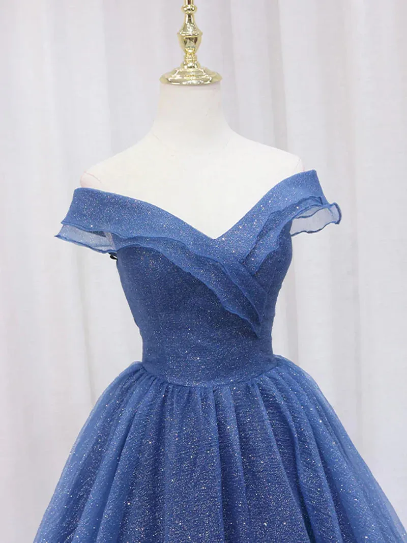Sparkling Off Shoulder Navy Blue Tulle Long Prom Dresses Graduation Evening Dresses