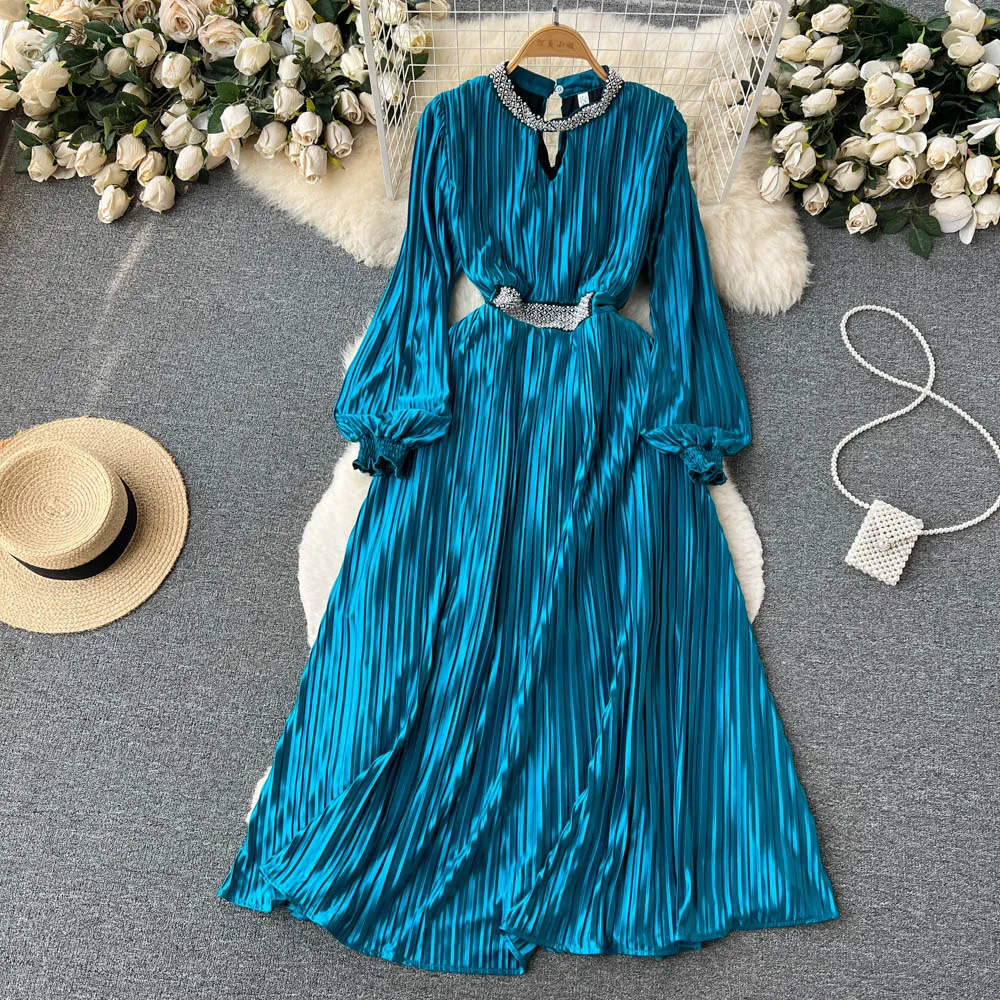 Spring and Autumn French Long-sleeved Dress Women's Pleated Satin Dress 479