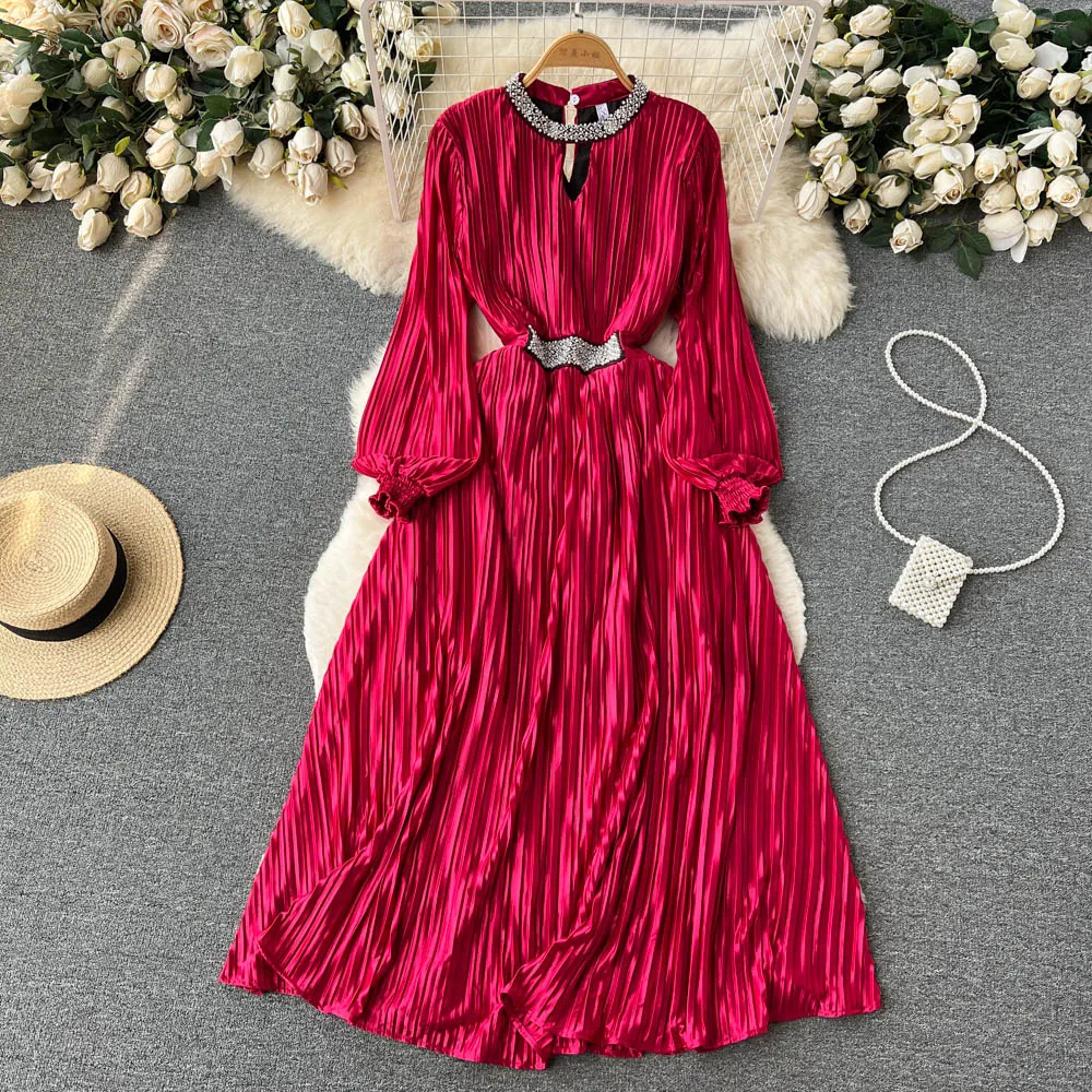 Spring and Autumn French Long-sleeved Dress Women's Pleated Satin Dress 479