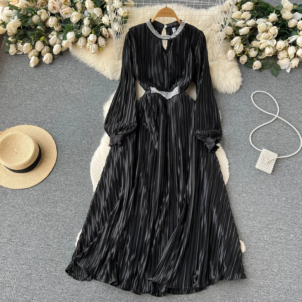 Spring and Autumn French Long-sleeved Dress Women's Pleated Satin Dress 479