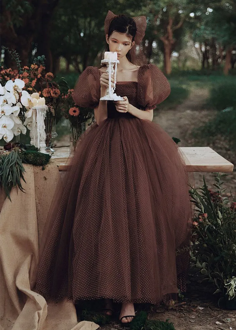 Square Neckline Bubble Sleeves Prom Dresses, Newest Prom Dresses, A-line Prom Dresses, 2021 Prom Dresses