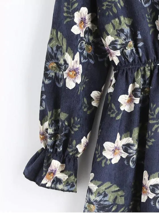TastyHottie - Cute Floral Corduroy Long Sleeve Dress