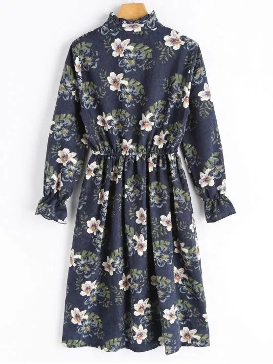 TastyHottie - Cute Floral Corduroy Long Sleeve Dress