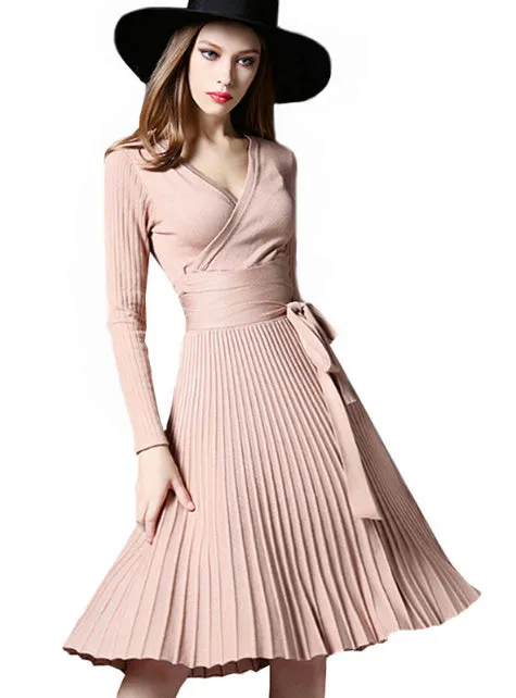 TastyHottie - Office Dresses For Women Decorative Sashes V-Neck Solid