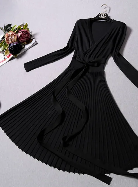 TastyHottie - Office Dresses For Women Decorative Sashes V-Neck Solid