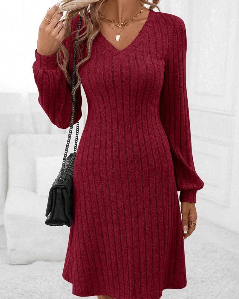 TastyHottie - V-neck ribbed solid color dress