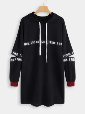 Wholesale Black Long Sleeve Letter Hooded Cut Out Casual Dress