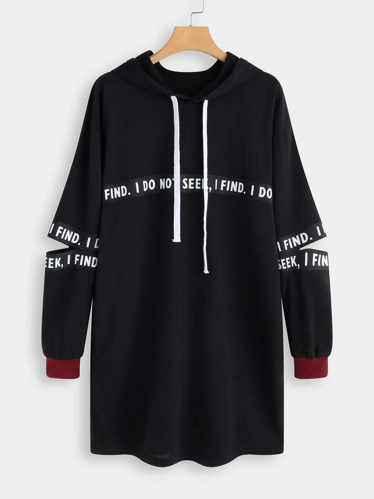 Wholesale Black Long Sleeve Letter Hooded Cut Out Casual Dress