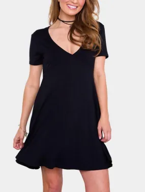 Wholesale Black V-Neck Short Sleeve Casual Dress