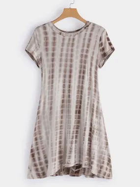 Wholesale Brown Round Neck Short Sleeve Printed Irregular Hem Casual Dresses