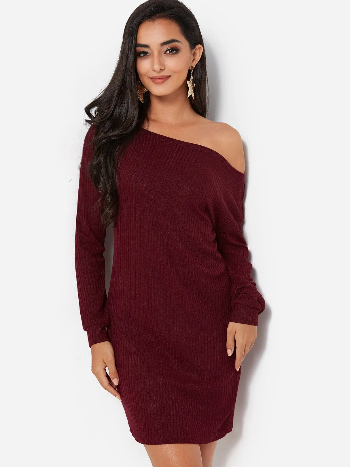 Wholesale Burgundy One Shoulder Long Sleeve Bodycon Casual Dress