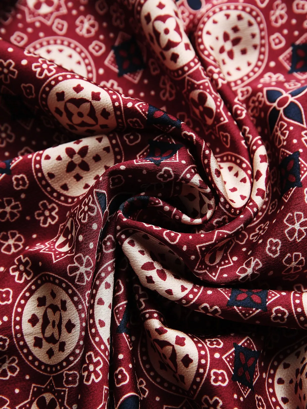 Wholesale Burgundy Round Neck Short Sleeve Geometrical Tribal Print Cut Out Casual Dress