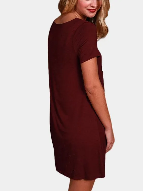 Wholesale Burgundy Round Neck Short Sleeve Letter Casual Dresses