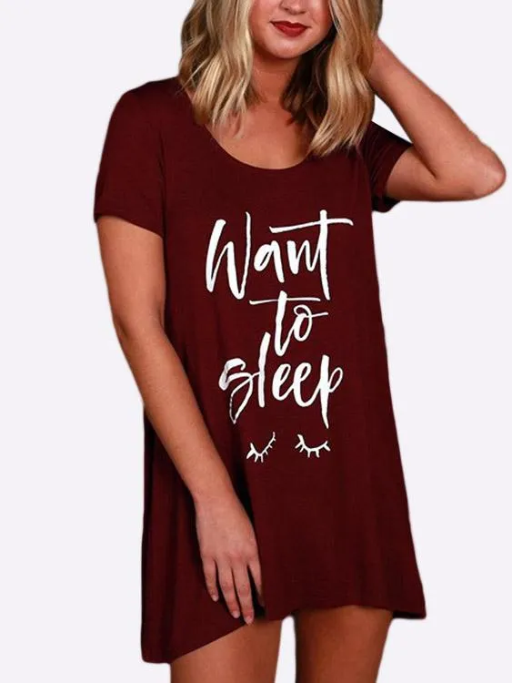 Wholesale Burgundy Round Neck Short Sleeve Letter Casual Dresses