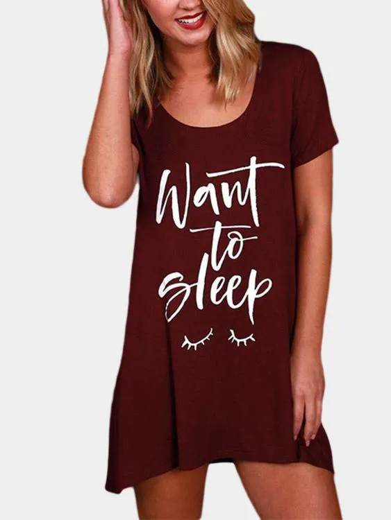 Wholesale Burgundy Round Neck Short Sleeve Letter Casual Dresses