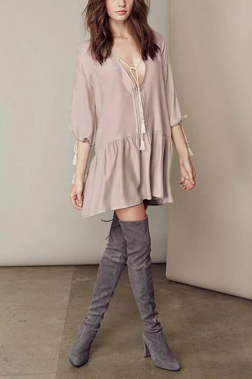 Wholesale Cream V-Neck 3/4 Length Sleeve Tassel Ruffle Hem Casual Dress