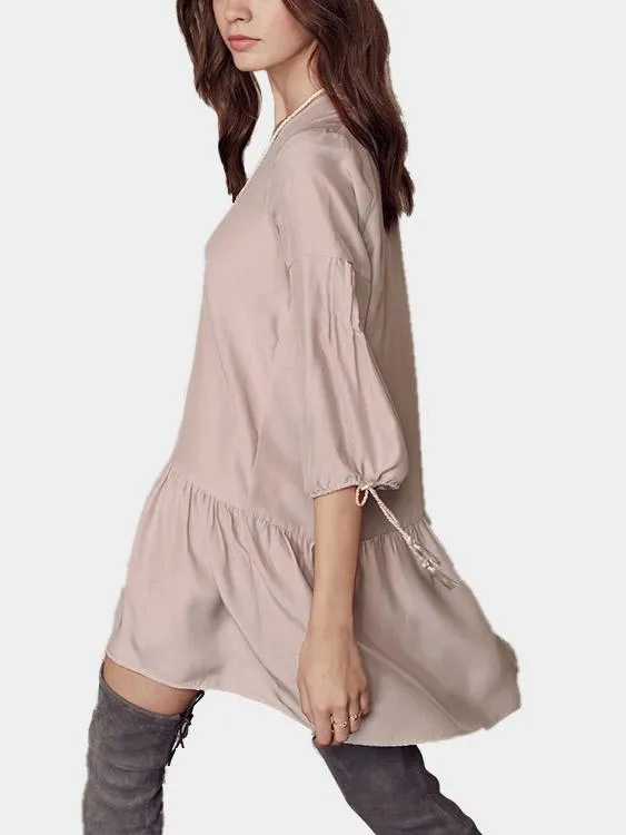 Wholesale Cream V-Neck 3/4 Length Sleeve Tassel Ruffle Hem Casual Dress