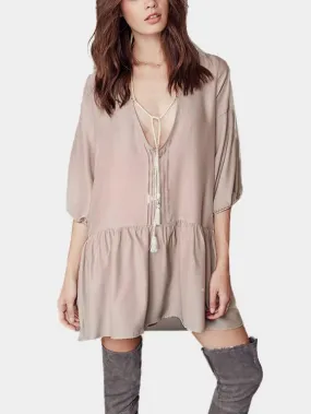 Wholesale Cream V-Neck 3/4 Length Sleeve Tassel Ruffle Hem Casual Dress