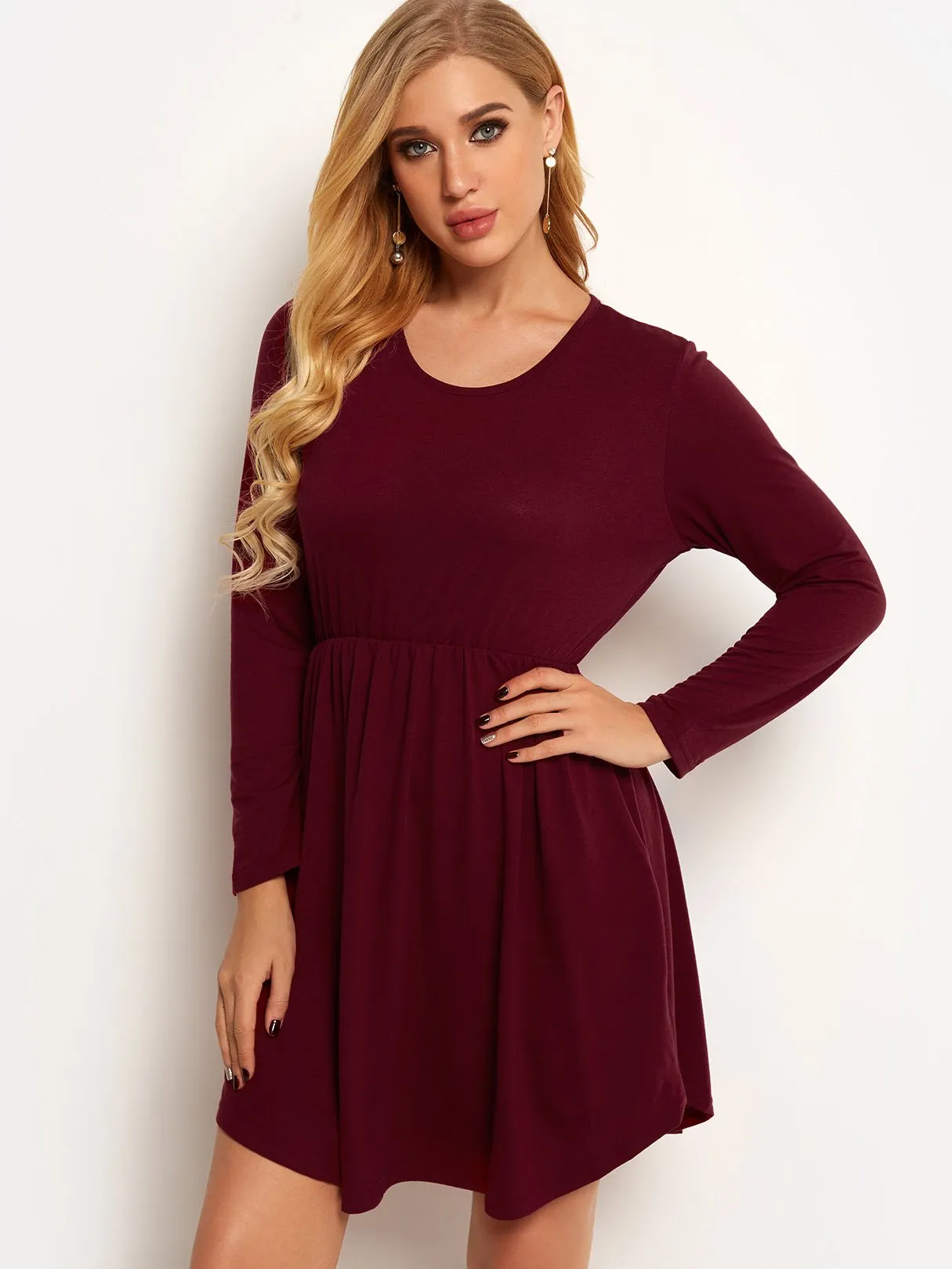 Wholesale Crew Neck Long Sleeve Plain Side Pockets Pleated Curved Hem High-Waisted Casual Dress
