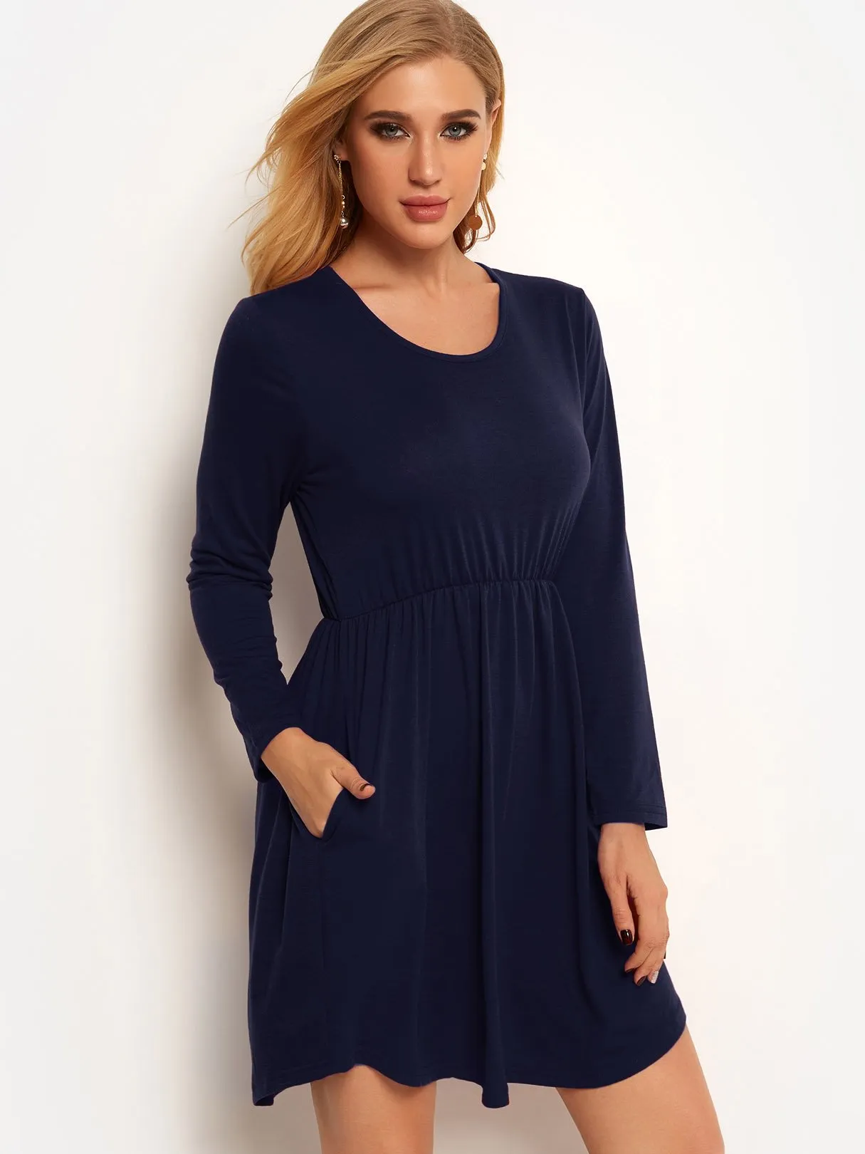 Wholesale Crew Neck Long Sleeve Plain Side Pockets Pleated Curved Hem High-Waisted Casual Dress