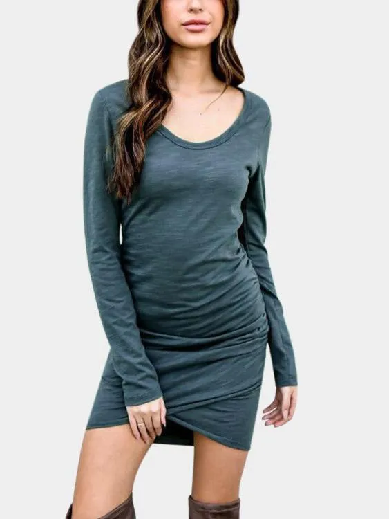 Wholesale Green Round Neck Long Sleeve Crossed Front Pleated Irregular Hem High-Waisted Casual Dress