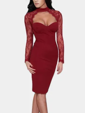 Wholesale Halter Lace Long Sleeve Burgundy Casual Dresses