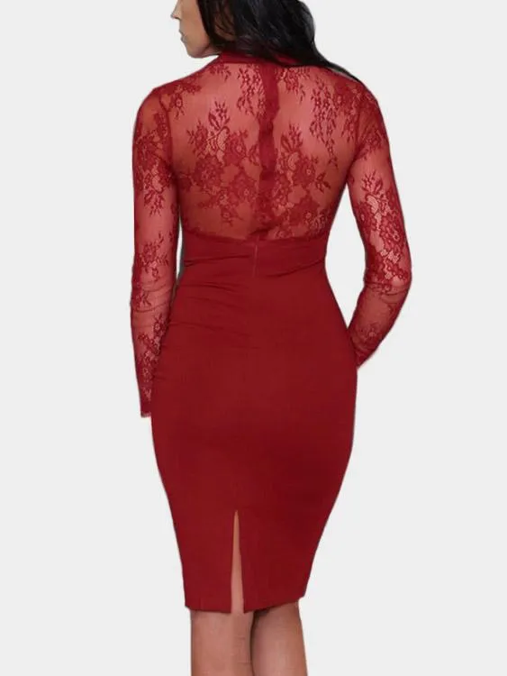 Wholesale Halter Lace Long Sleeve Burgundy Casual Dresses