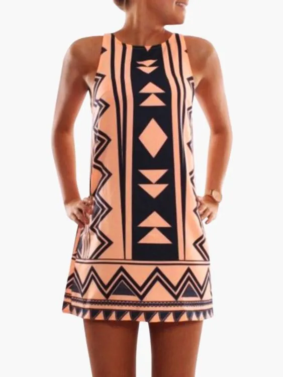 Wholesale Orange Crew Neck Sleeveless Geometrical Casual Dress