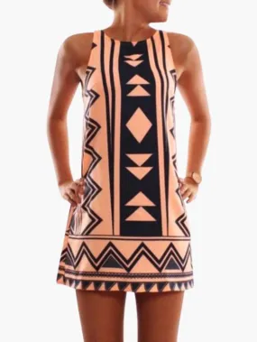 Wholesale Orange Crew Neck Sleeveless Geometrical Casual Dress