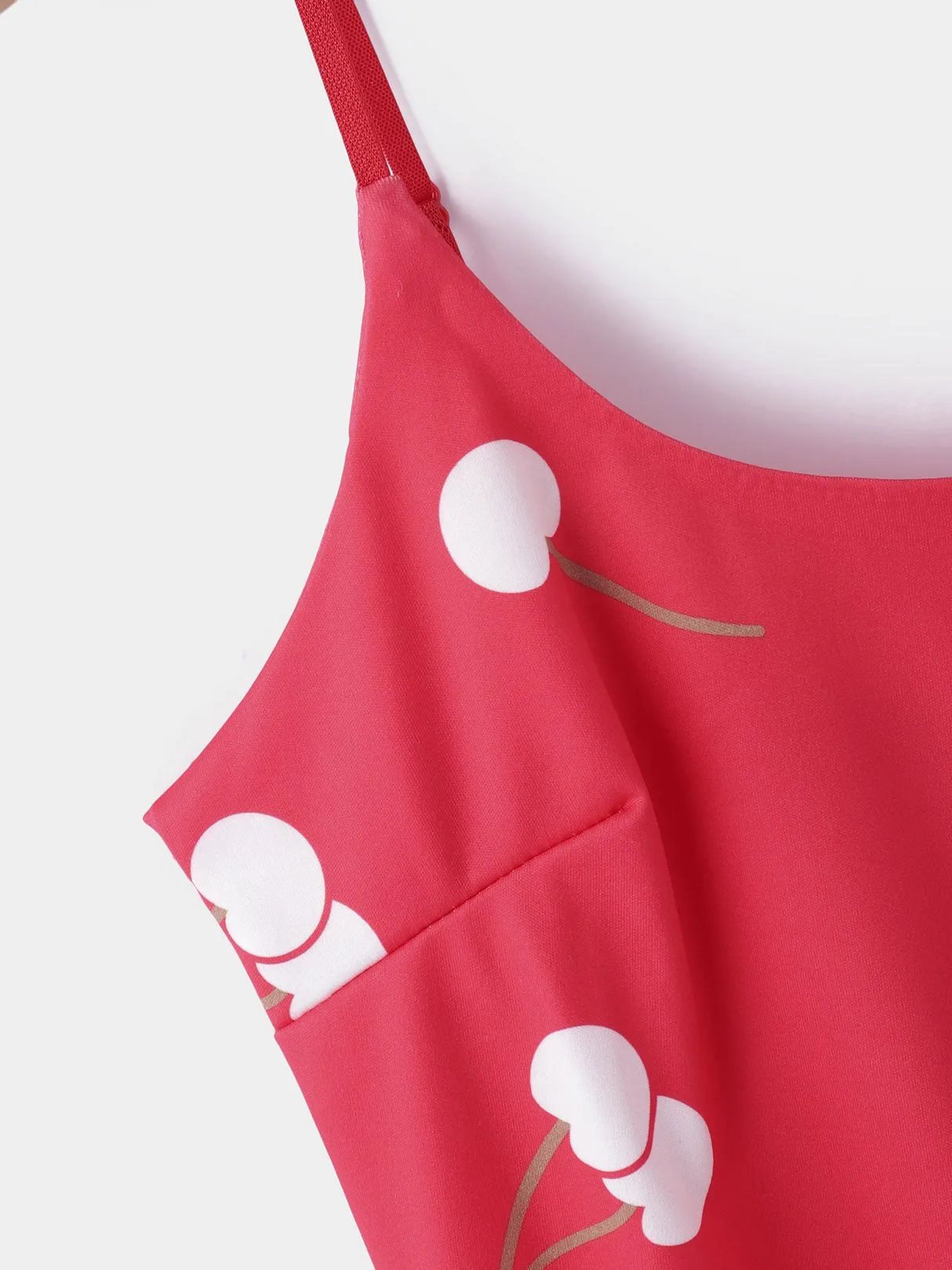 Wholesale Red Scoop Neck Sleeveless Floral Print Zip Back Spaghetti Strap Flounced Hem Casual Dresses