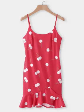 Wholesale Red Scoop Neck Sleeveless Floral Print Zip Back Spaghetti Strap Flounced Hem Casual Dresses